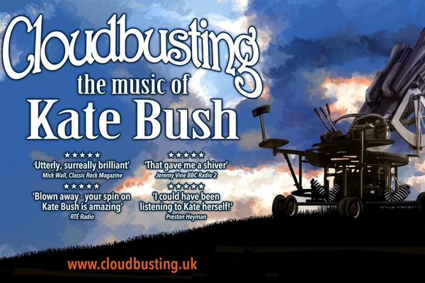 Cartoon of a large telescope on top of a hill. There is a blue and orange sunset in the background. White text: Cloudbusting, the music of Kate Bush.