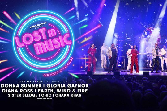 Singers and a live band perform on a stage to an audience. The stage is lit in purple. Pink neon text: Lost in Music, One Night at the Disco.