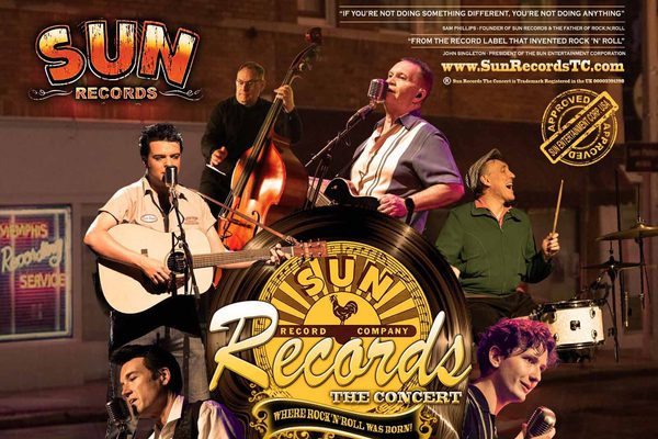 A collage of images of various musicians around a vinyl record. Yellow and orange text: Sun Records The Concert.