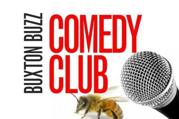 Red letters that read "Comedy Club" next to a bee and a microphone.