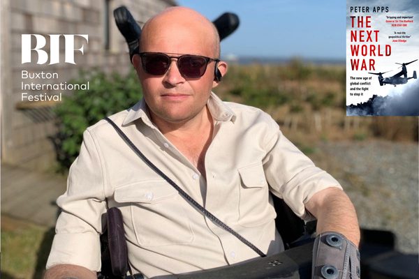 A bald man wearing sunglasses and a white, unbuttoned shirt against a blurred out backdrop of skies and uneven grasslands, a book titled 'The Next World War' by Peter Apps sits in the top right-hand corner.